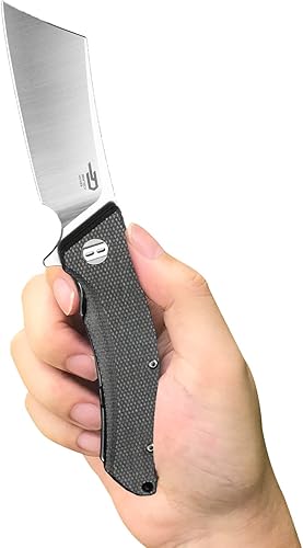 BESTECH KNIVES Cuchillo de bolsillo plegable de carnicero hoja de acero D2 lavada a la piedra de 3.15 pulgadas, mango de micarta, bloqueo de forro