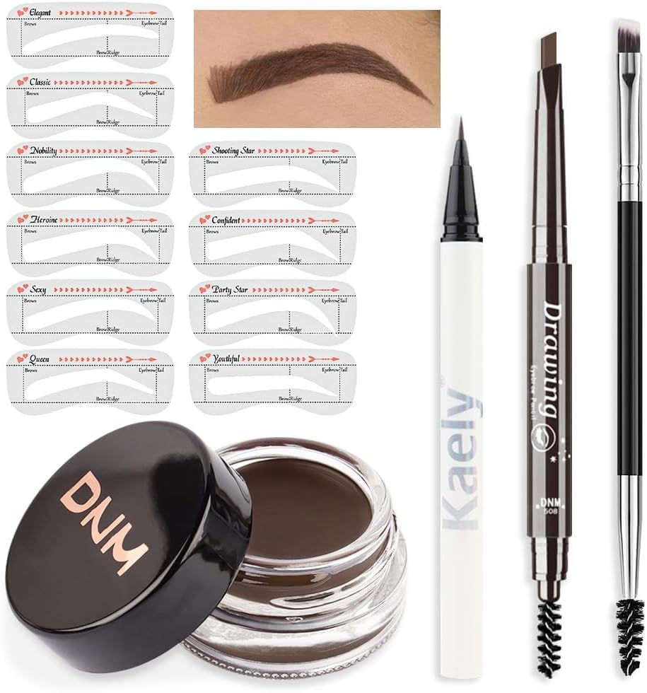 evpct Kit de plantillas de cejas para mujer, kit de maquillaje para moldear cejas, kit de tinte para moldear cejas para mujeres, con delineador de ojos, lápiz de cejas, pomada, pincel y 10 plantillas, Kit04 MARRÓN OSCURO