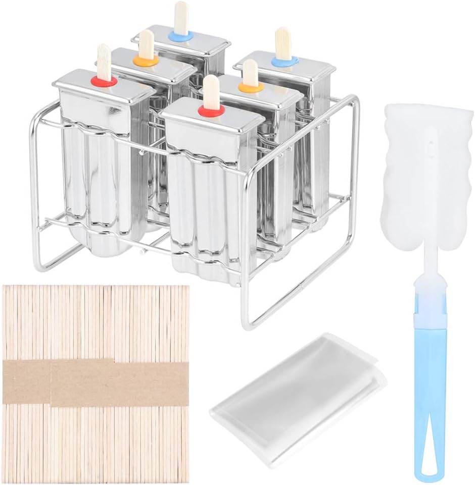 Popsicle Molds, Ice Pop Molds, 6 Molds Stainless Steel Ice Cream Molds Popsicle Maker Molds Making Tool with Rack Cleaning Brush for Kitchen