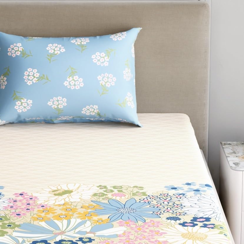 Image of Home Ecstasy 100% Cotton Single Bedsheet with 1 Pillow Cover - (Size 59 x 87 inches, 140 TC, Colour - Light Blue)