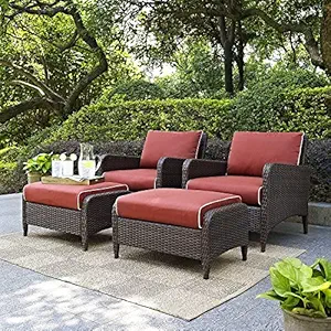 DEVOKO 4Pieces Wicker Patio Furniture Set Outdoor Patio Sofa and Ottomans Conversation Furniture with Comfortable Cushions for Poolside, Garden, Balcony (Dark Brown and Red)