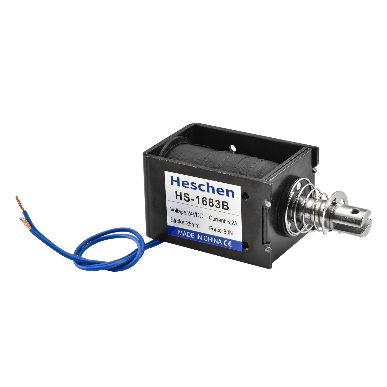 Heschen Electroimán de solenoide, HS-1683B, DC24V 5.2A, carrera de 25mm, fuerza 80N, tipo Push Pull Tipo, marco abierto, movimiento lineal