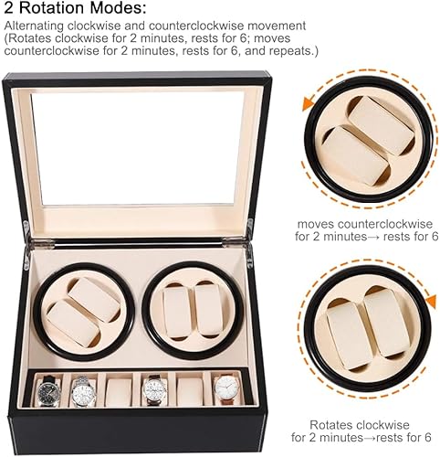 Miniatura 2 de J&T Technology Enrollador automático de reloj para 4 rotador de reloj + 6 almacenamiento de relojes, 2 modos de rotación, motor Mabuchi japonés