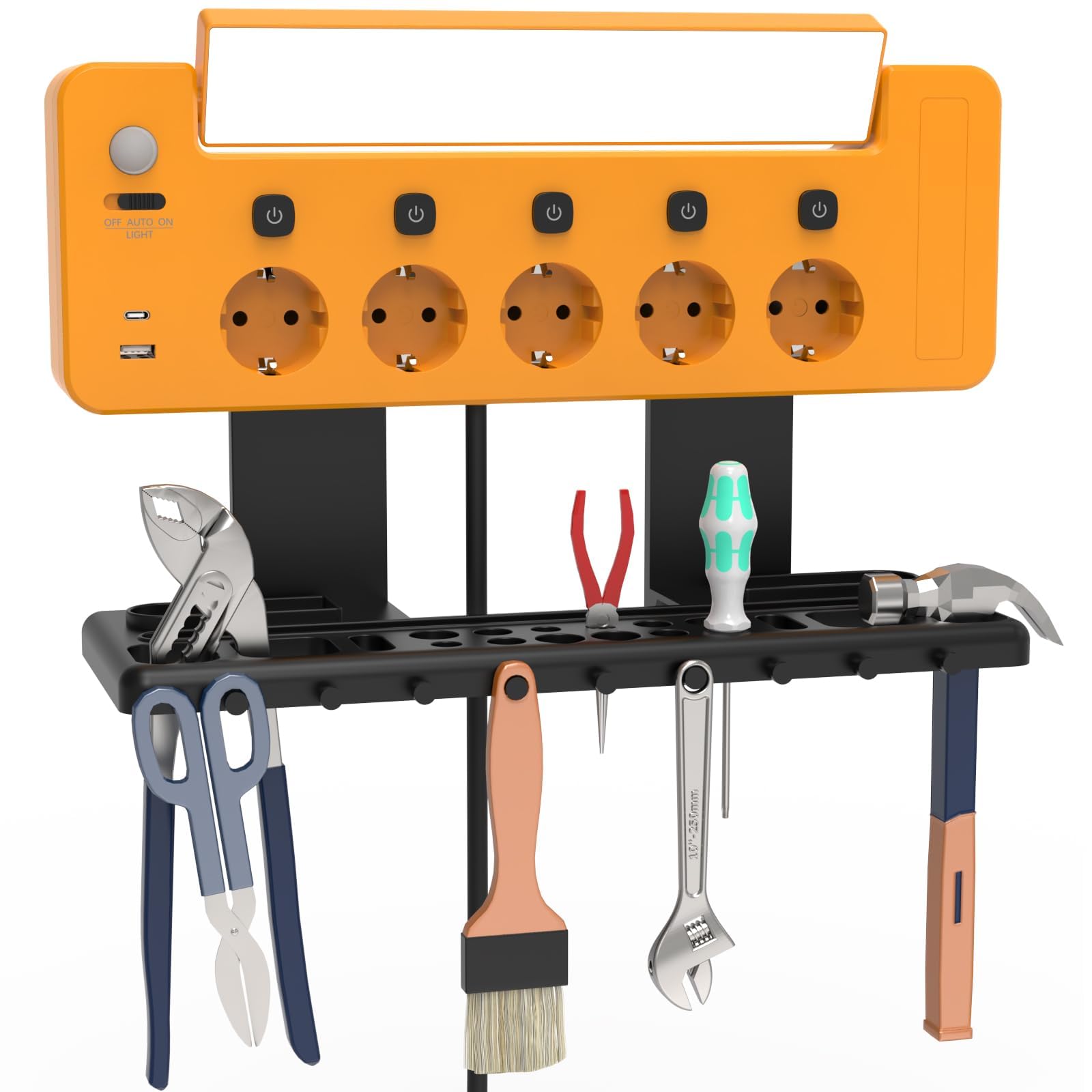 Regleta Enchufes de Pared con 5 Toma de Corriente 3680W y Interruptor Individual, USB A y USB C Puerto de Carga 5V 2.4A, Luz de Ttrabajo LED Giratorio y Portaherramientas para Taller