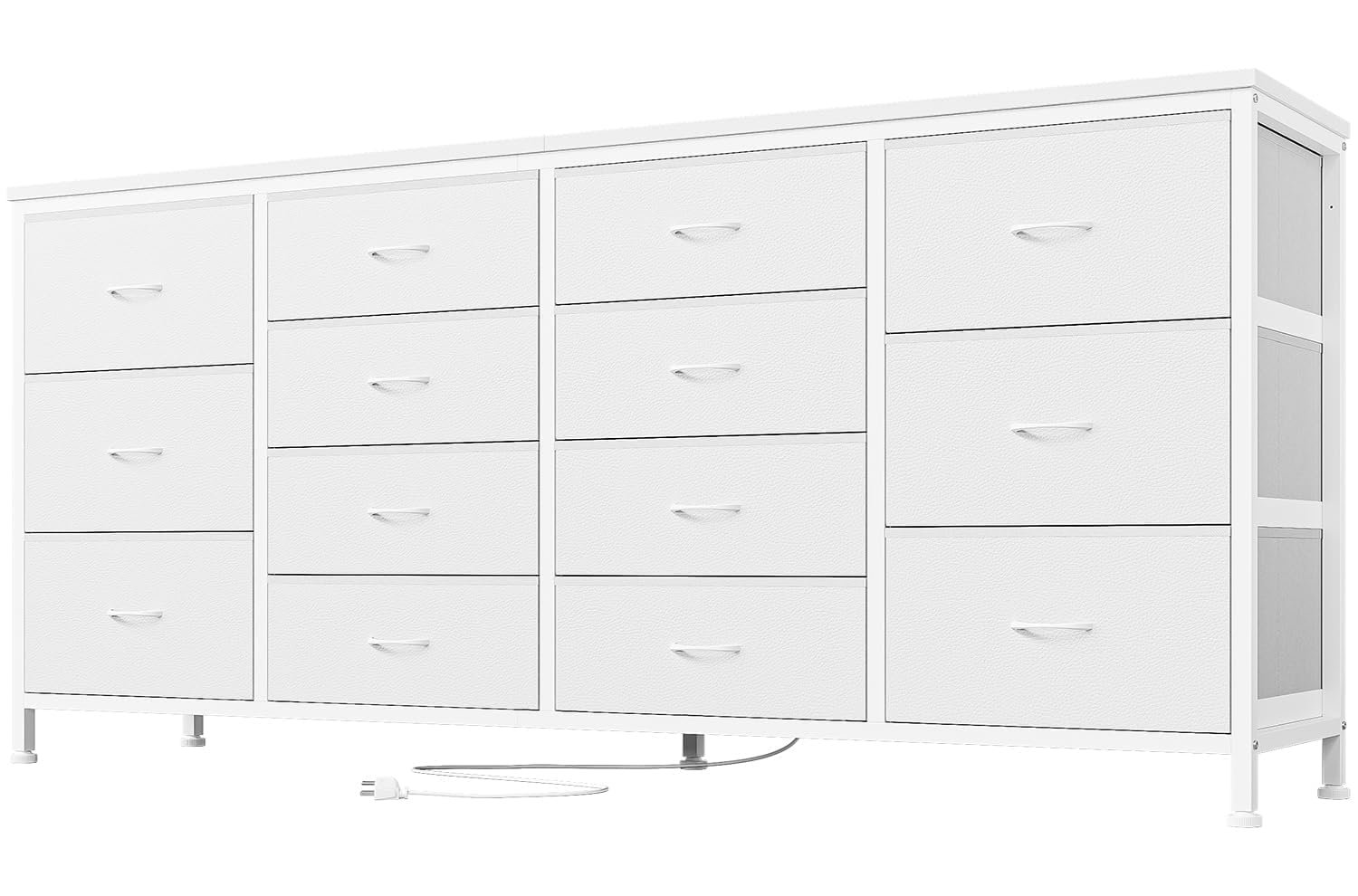 GarveeHome Organización Moderna para el hogar – Cómoda con 14 cajones de Tela, Estructura metálica y enchufes eléctricos/USB, para Dormitorio, salón o habitación Infantil, 160x35x75 cm, Blanco