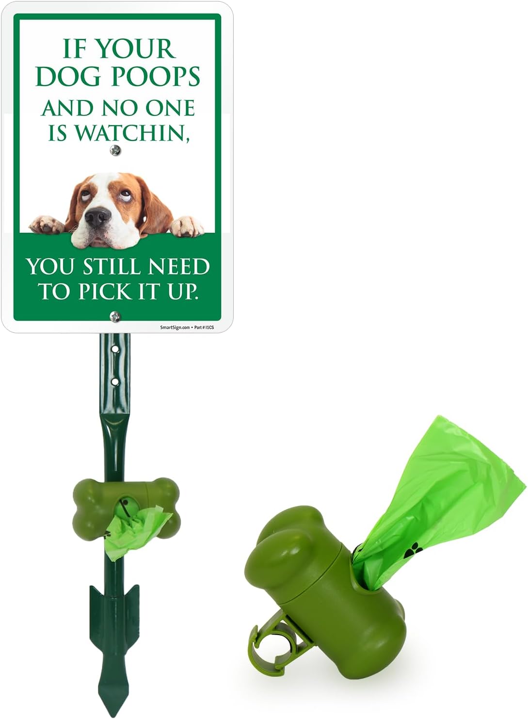 SmartSign If Your Dog Poops You Still Need To Pick Up Yard Sign & Clip-On Dispenser Combo/Kit, 7"x10" Aluminum Sign with 18-inch Steel Stake, Compact Dispenser Preloaded with a 15 Poop Bags Roll