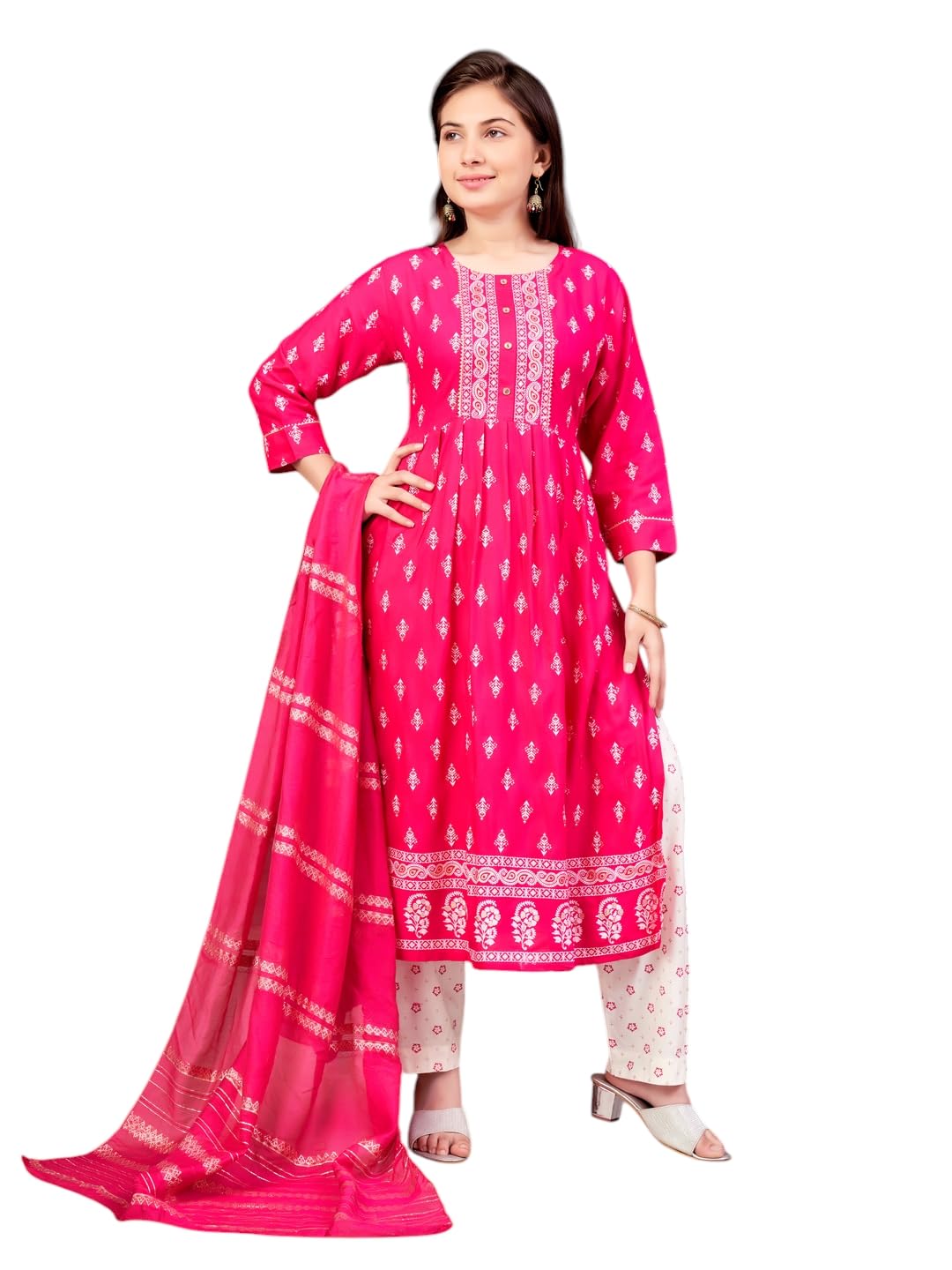 Aarika Girls Ethnic Wear Rani-Off White Colour Foil Print Rayon Kurti Pant Set-8-15 Years (Kp-Sd-5889)