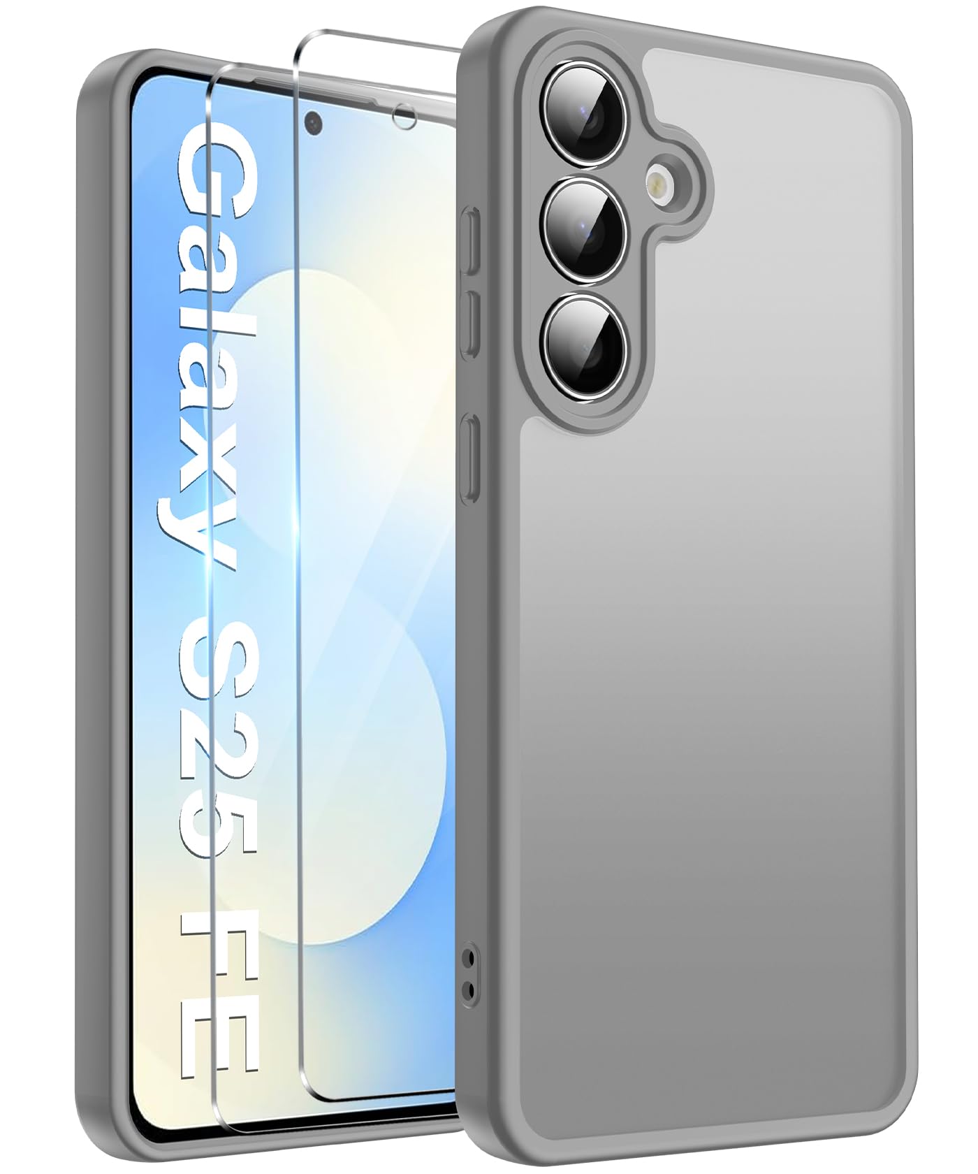 FLLAO Cover Compatibile con Samsung Galaxy S25 FE 5G con 2 Vetro Temperato, [Della Fotocamera Protezione] Anticaduta Antiurto Anti-Graffio Hard PC Custodia Grigio