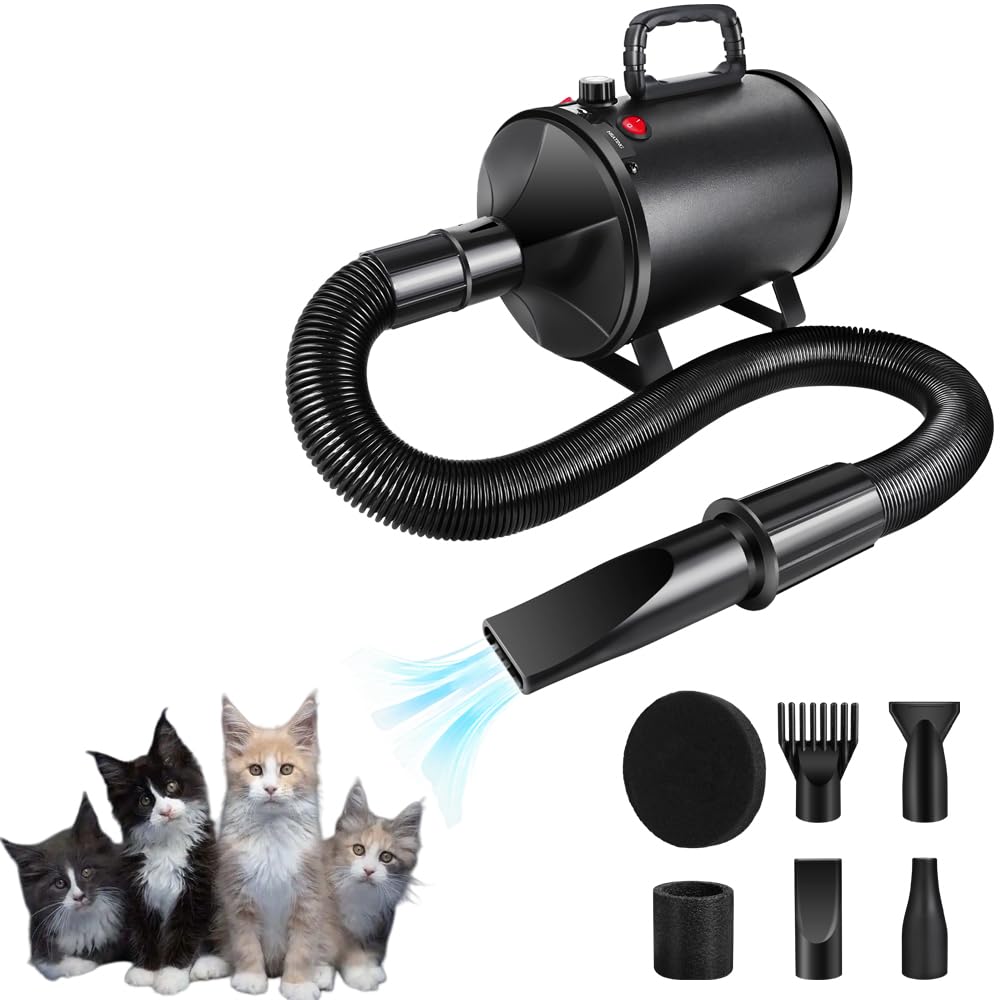 Hundefön Hundetrockner Blower 3500W Profi Haartrockner Sehr Leise Hundefön Blower Einstellbare Geschwindigkeit Gebläse mit 4 Düsen Pet Dryer Fön für Haustiere Trockner für HunHaustier Hundepflegede