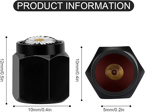Miniatura 2 de Muishi Tapones de válvula de neumático con diseño de margaritas de sol de flores blancas, tapas de válvula de neumático de aluminio negro, cubiertas