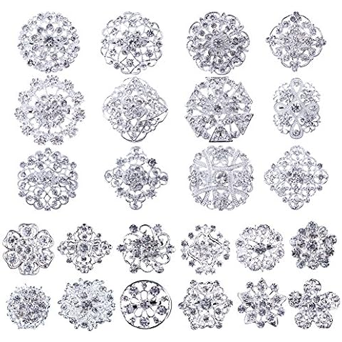 MEEJOA Brooches and Pins for Women, Lot 24pc Silver Color Clear Rhinestone Crystal Flower Brooch Pin DIY Wedding Bouquet Broaches Set Cover