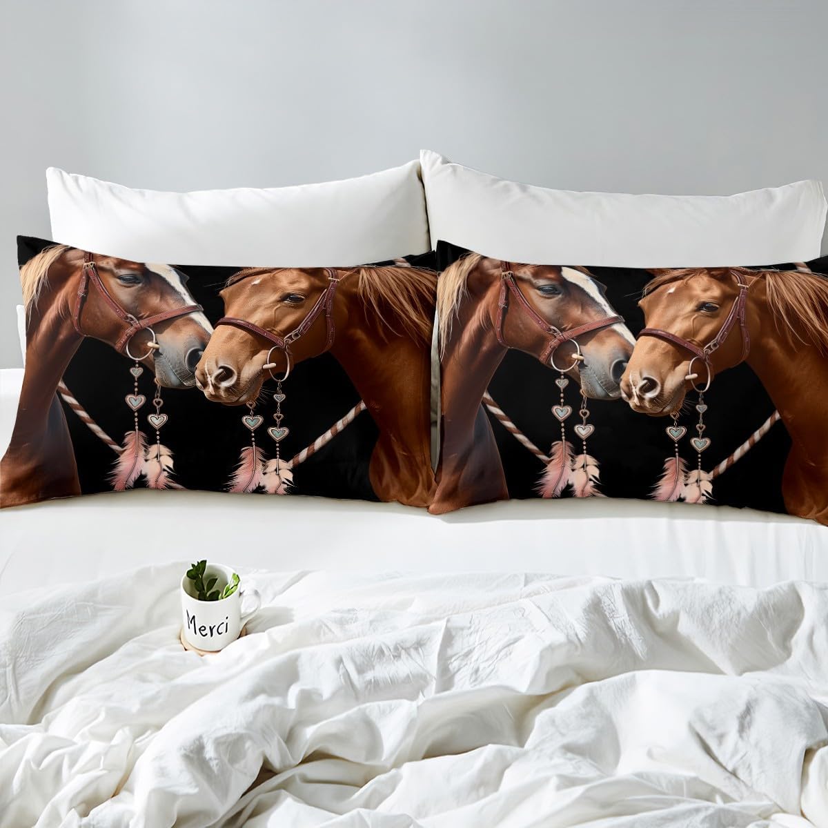 Erosebridal Dreamcatcher Comforter Cover Set Twin Size 3D Horse Duvet Cover,Farmhouse Cowboys Bedding Set for Kids Child Boys,Exotic Feather Bedroom Decor 2Pcs with 1 Pillow Case Black Brown