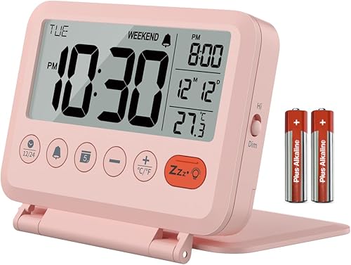 Miniatura 10 de Reloj despertador digital de viaje, pantalla LCD de 3.54 pulgadas, repetición de 9 minutos, 2 niveles de volumen, luz de fondo, batería incluida