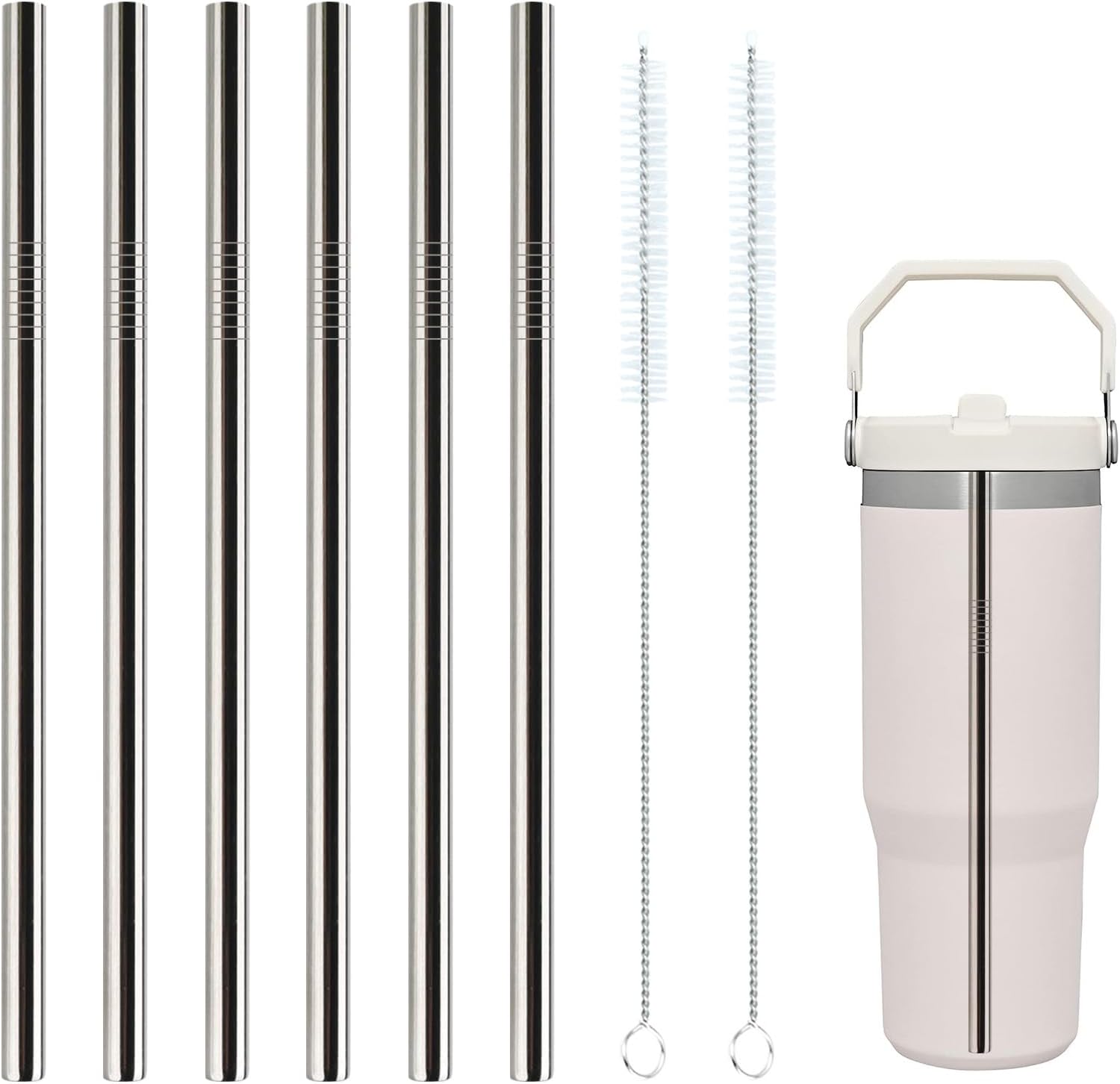 Stanley Iceflow Flip Metal Straws for 30 oz Tumblers Reusable Replacement Stainless Steel Straws 6 Pack with 2 Straw Cleaner Brushes for Stanley Accessories (Stainless Steel, Stanley Iceflow, 30 oz)