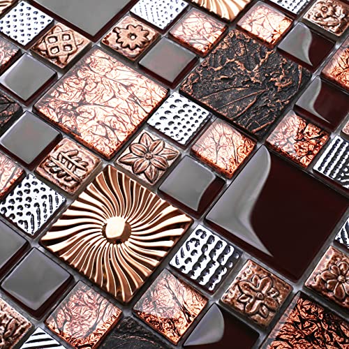 Blujellyfish Red Wine Colors Glass Tile 2'' X 2'' Leaf Carving Imprints Antique Mosaics Textured Rose Gold Metal Kitchen Bathroom Walls Backsplash Tiles thumb #3
