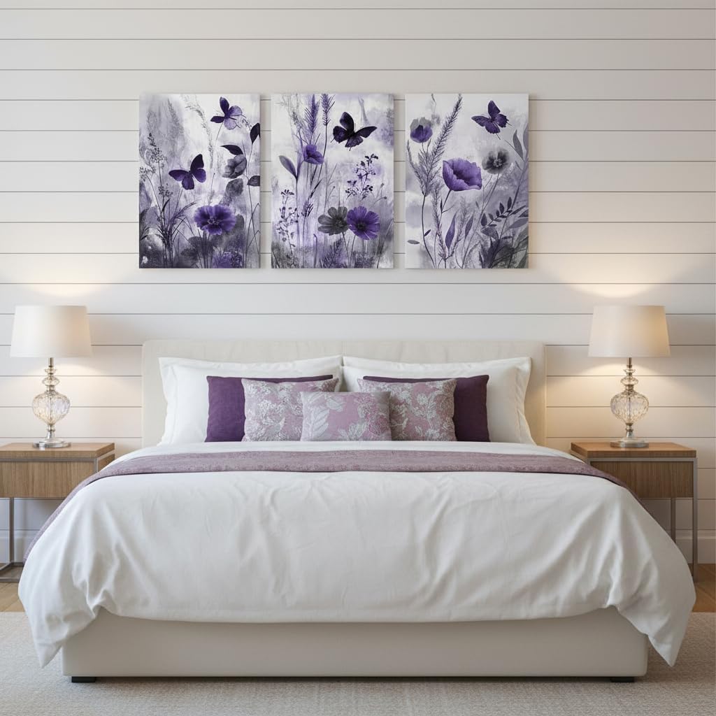 NutArtPic Botanical Canvas Wall Art Framed Wildflower Paintings Poppy Pictures Purple Artwork Minimalist Bedroom Bathroom Kitchen Wall Art(Purple Large)