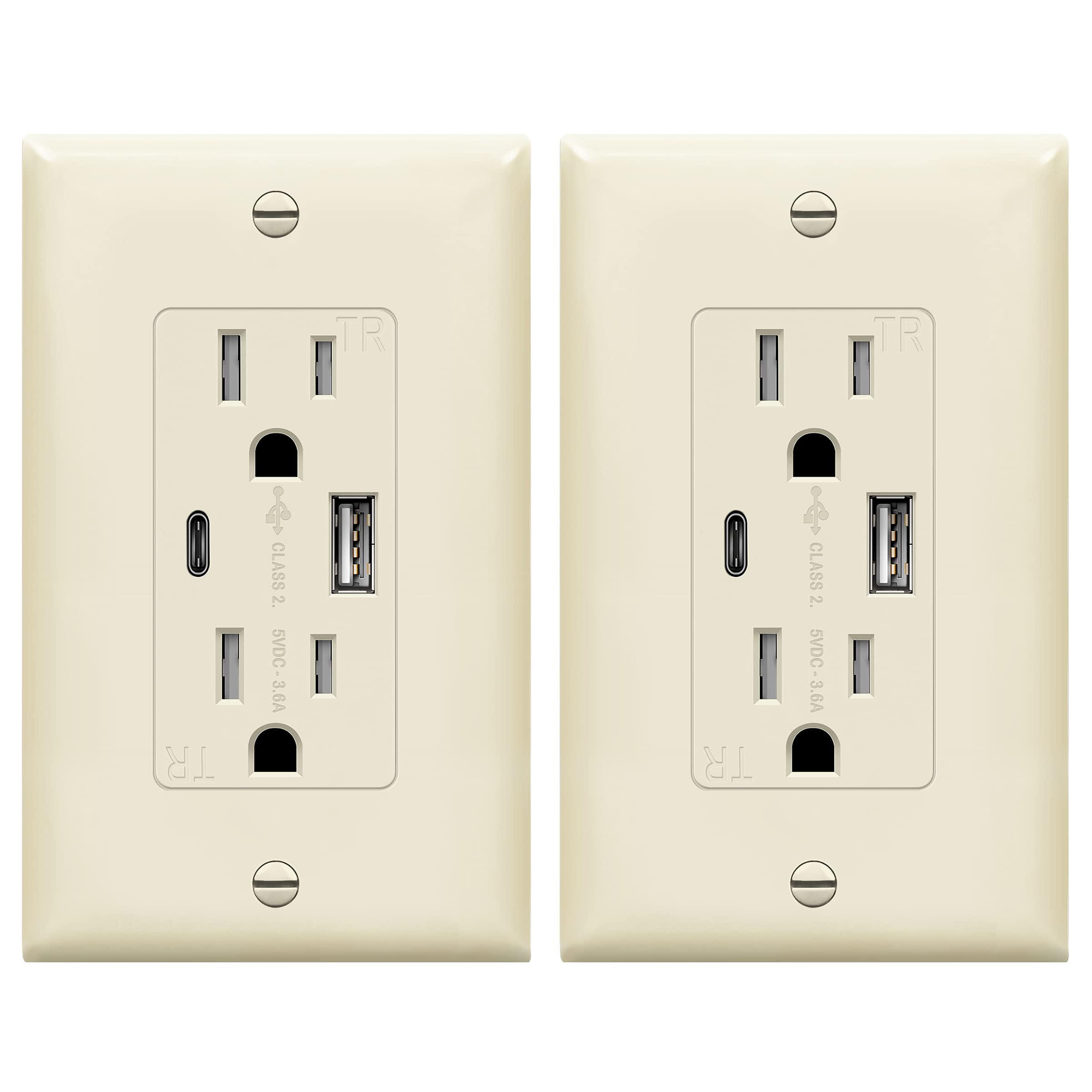 Prise murale USB Type-C et A TOPGREENER 3,6A avec prises TR 15A Lot de 2