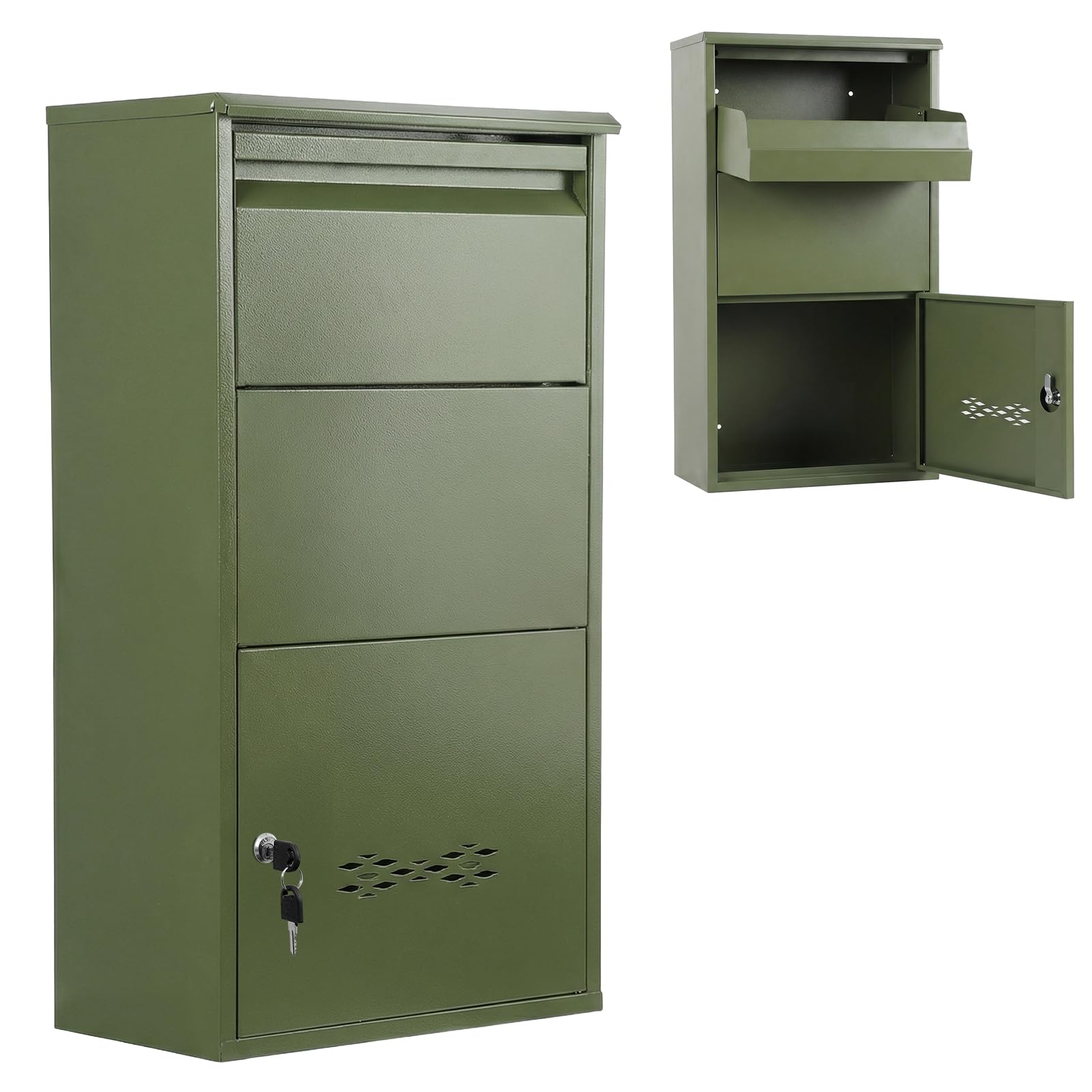 Large Lockable Parcel Box, Weatherproof Key Lock Delivery Drop Box, Outdoor Secure Storage with Front Access, Iron Construction for Multiple Packages Green 75cm 2