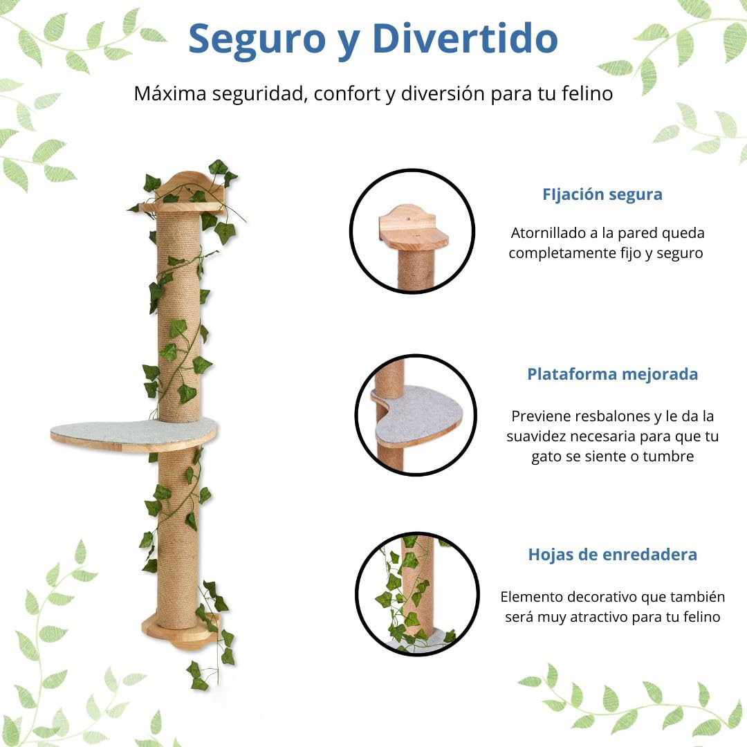 Rascador para Gatos Pared - Ideal para trepar, Jugar, Saltar y Descansar - Rascador Pared Gatos Hecho de Madera y Cuerda de Yute Muy fácil de Montar - Circuito Pared Que Optimiza Espacios.