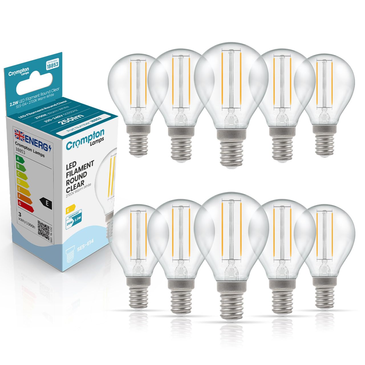 Crompton Lamps Filament Golfball LED Light Bulb SES-E14 | 2.2W = 25W Equivalent | Warm White 2700K | Energy Efficient | Small Screw Lightbulb | Long Life 15,000-Hrs | Clear Glass | 10-Pack