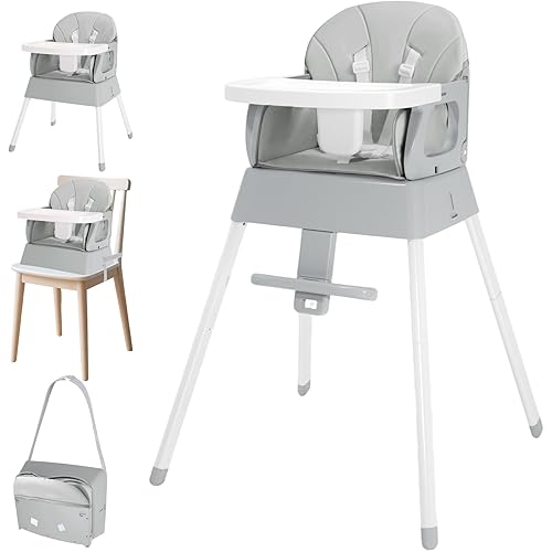 4-in-1 Baby High Chair, Convertible Highchair for Babies and Toddlers, Portable High Chair with Foldable Design, Booster Seat for Kitchen, Dining & Outdoor Use, Easy to Clean & Storage(Grey)