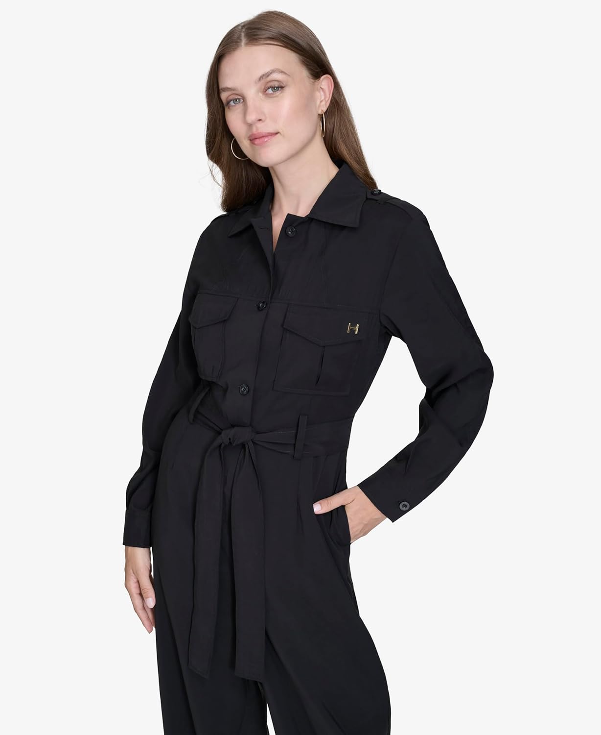 Halston Womens Long Sleeve Collared V-Neck Jumpsuit - Image 2