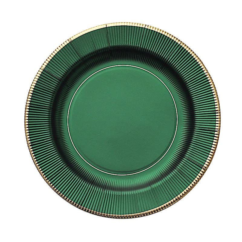 25 Hunter Green 13-inch Round Disposable Paper Charger Plates Metallic Trim for Weddings Parties Birthdays Receptions Events Catering Buffet