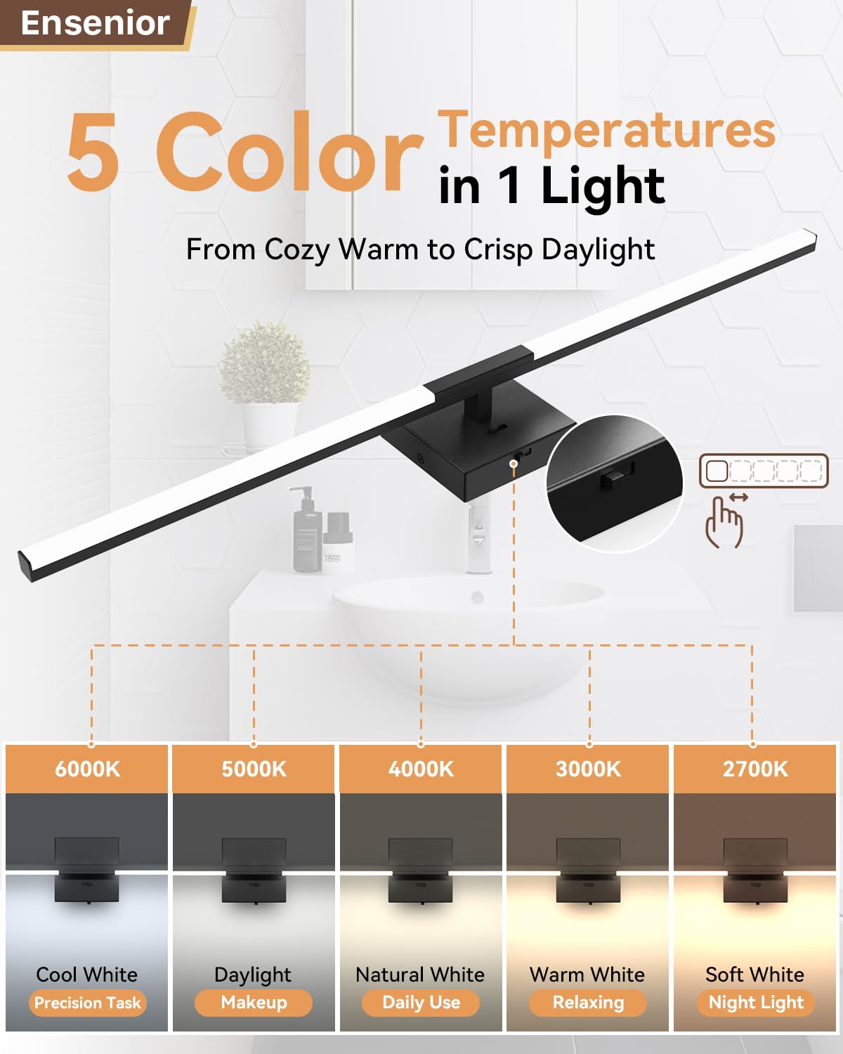 Ensenior Moderna luz de baño de 81,3 cm (32 pulgadas), atenuador integrado, 18,5 W, regulable, 5CCT, luces LED de baño para baño, espejos, armarios de dormitorio, certificados FCC y ETL