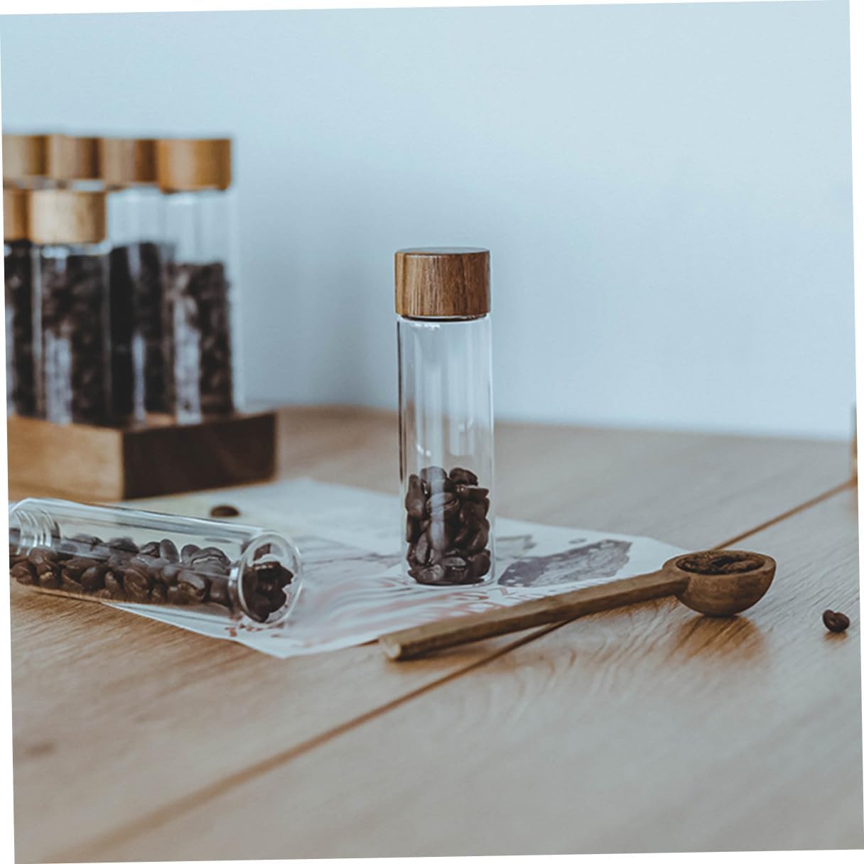 YARNOW Coffee Bean Glass Storage Tubes Set with Lids and Wooden Display Stand Airtight Glass Coffee Canisters for Kitchen Countertop Organization 6 Large Tubes with 6-hole Base