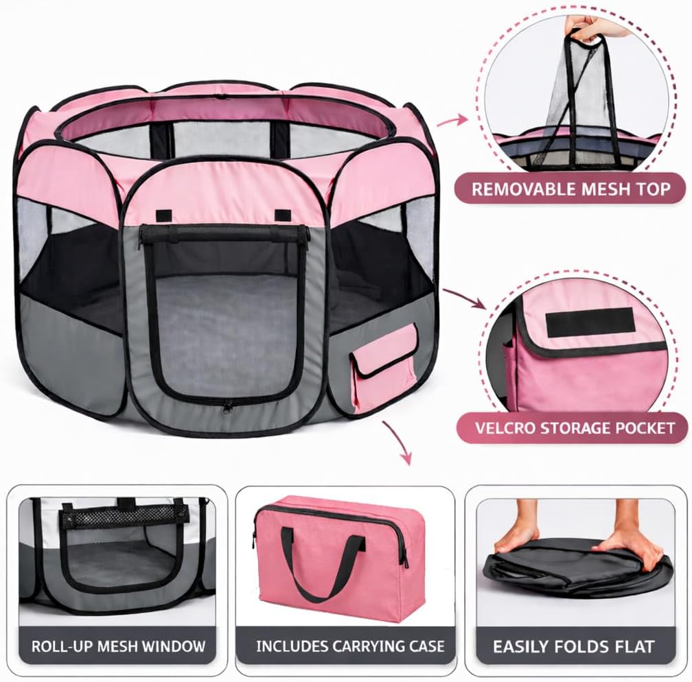 Pet Life All-Terrain Lightweight Wire-Framed Folding Collapsible Pet Playpen, Travel Cat and Dog Playpen, Features Breathable Mesh and Zippered Entrances with Carrying case