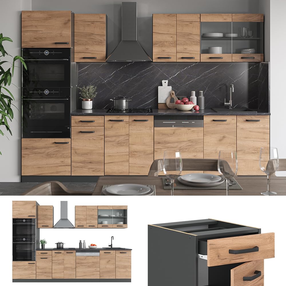Vicco Cuisine R-Line, Chêne de Force doré, 300cm avec Armoire Haute, PT Anthracite, adapté à la Combinaison et à l’Extension Individuelles