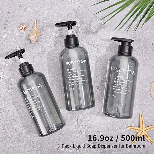Czemo 3 Stück Shampoo Spender für Dusche 500ML Shampoo Flasche zum Befüllen Pumpflasche Nachfüllbarer Kunststoff-Lotionsspender Seifenspenderflaschen für Badezimmer, Grau