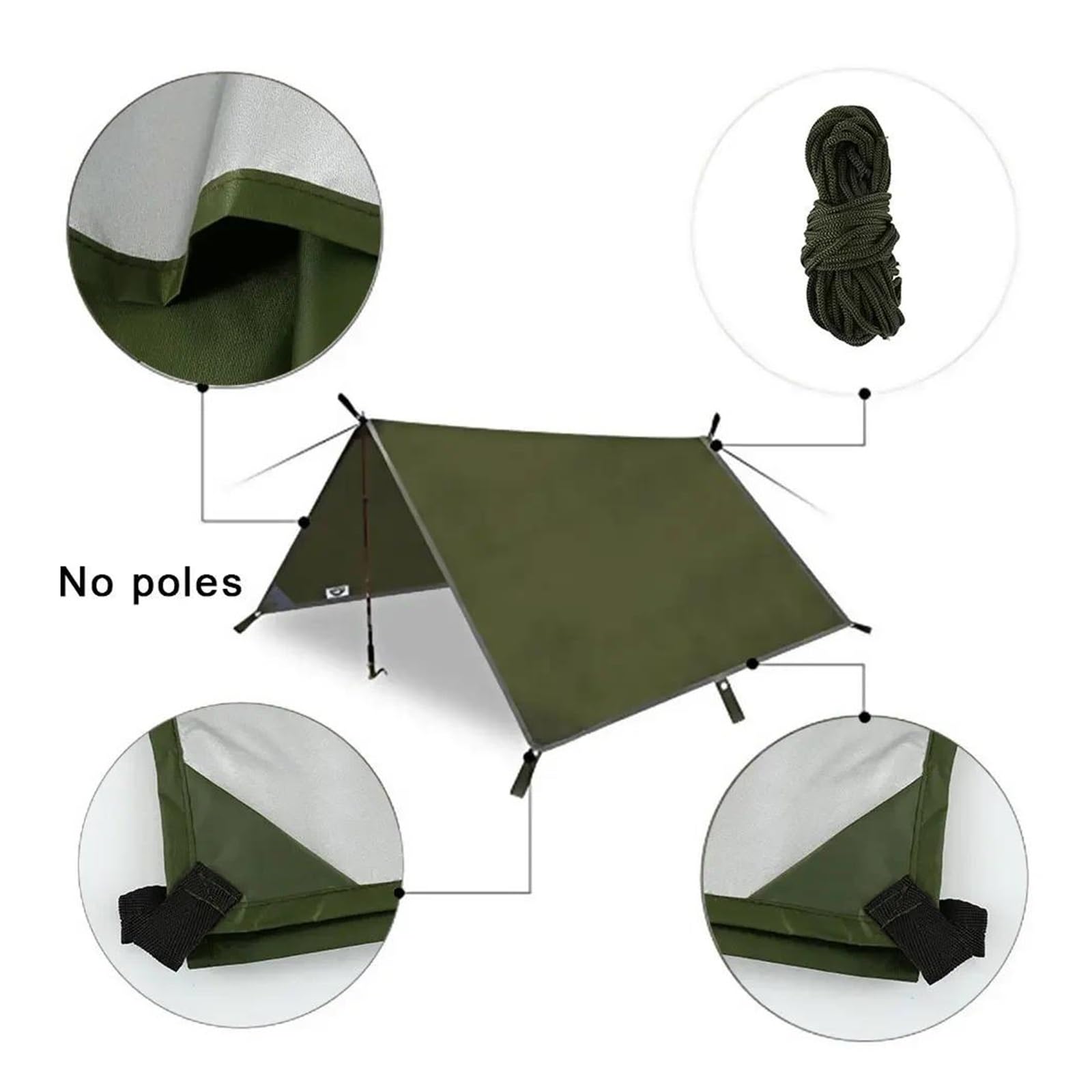 Bâche de tente de camping imperméable for pique-nique 3 x 3 mètres, auvent latéral de voiture, extérieur avec sac de transport, bâche de pluie, hamac, auvent, abri solaire Pour RandonnéE Plage Pique-N