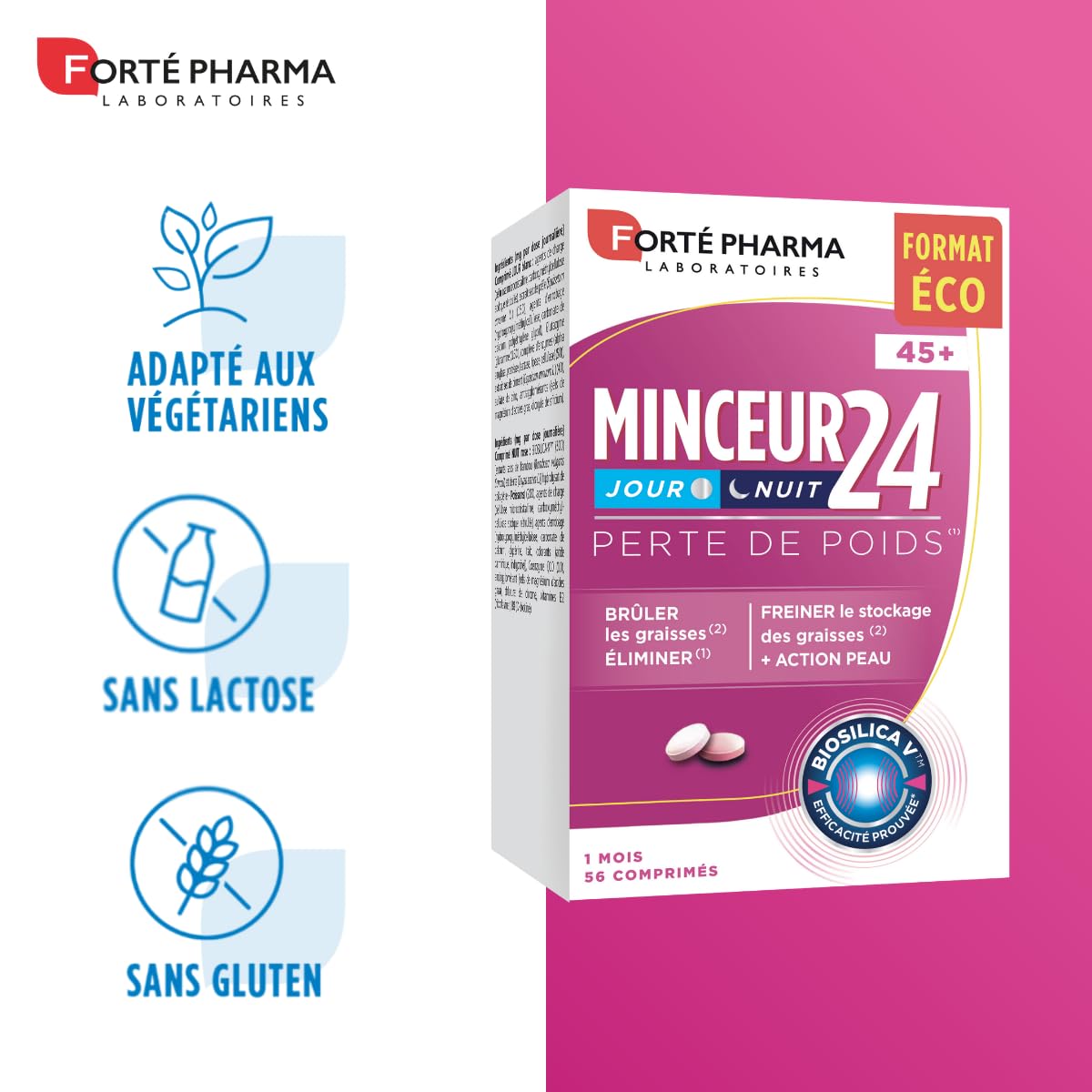 Forté Pharma - Minceur 24 45+ - Minceur perte de poids femme 45 ans et +, bruleur de graisse, Glycémie - Collagène, Vitamines B, Prêle, Piment, Zinc, Chrome - 2/jour, 28 jours