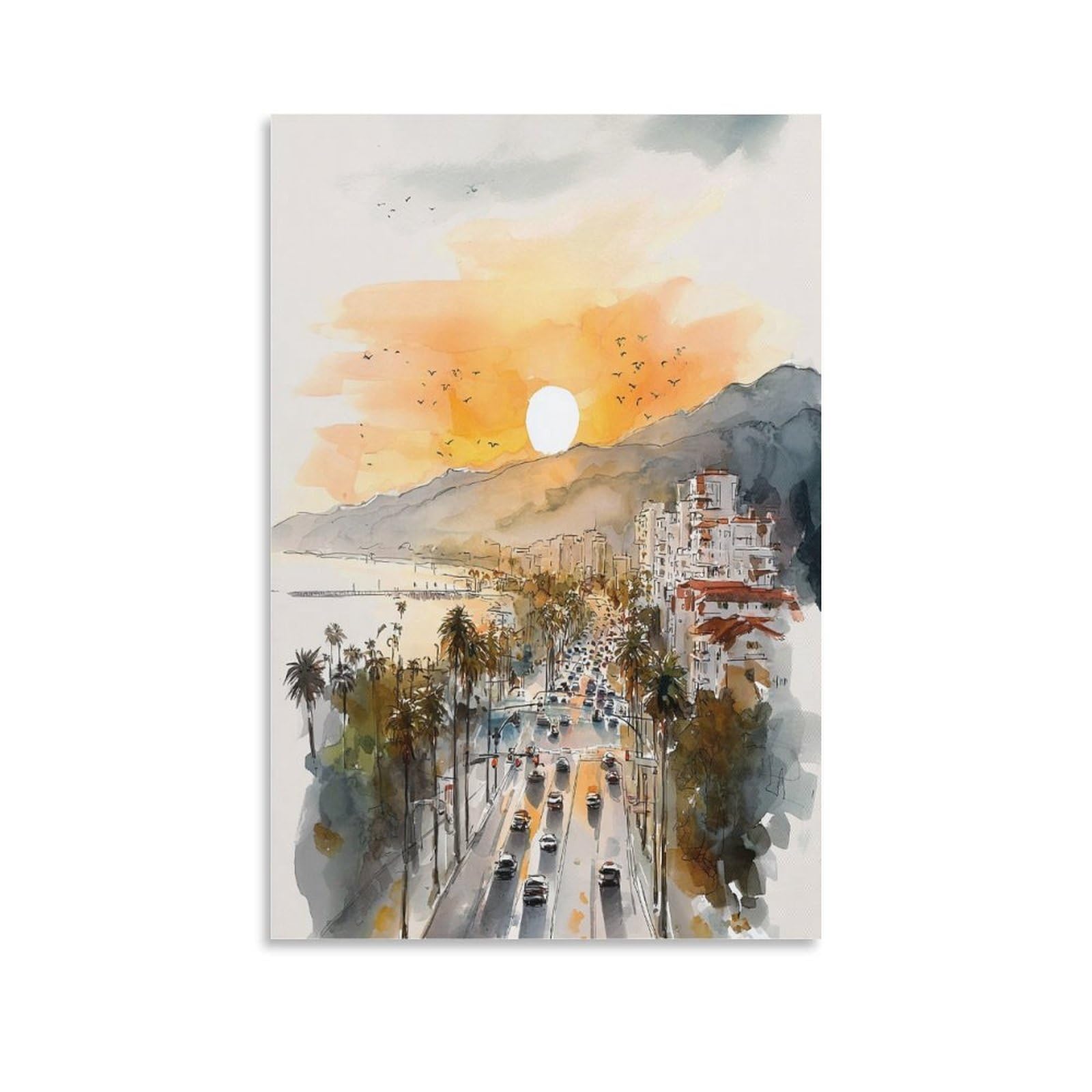 Cnaheiz Unframe-Style Santa Monica Watercolor Painting_ California Coastal Wall Art 24X36inch(60X90cm) Vintage Watercolor Canvas Art