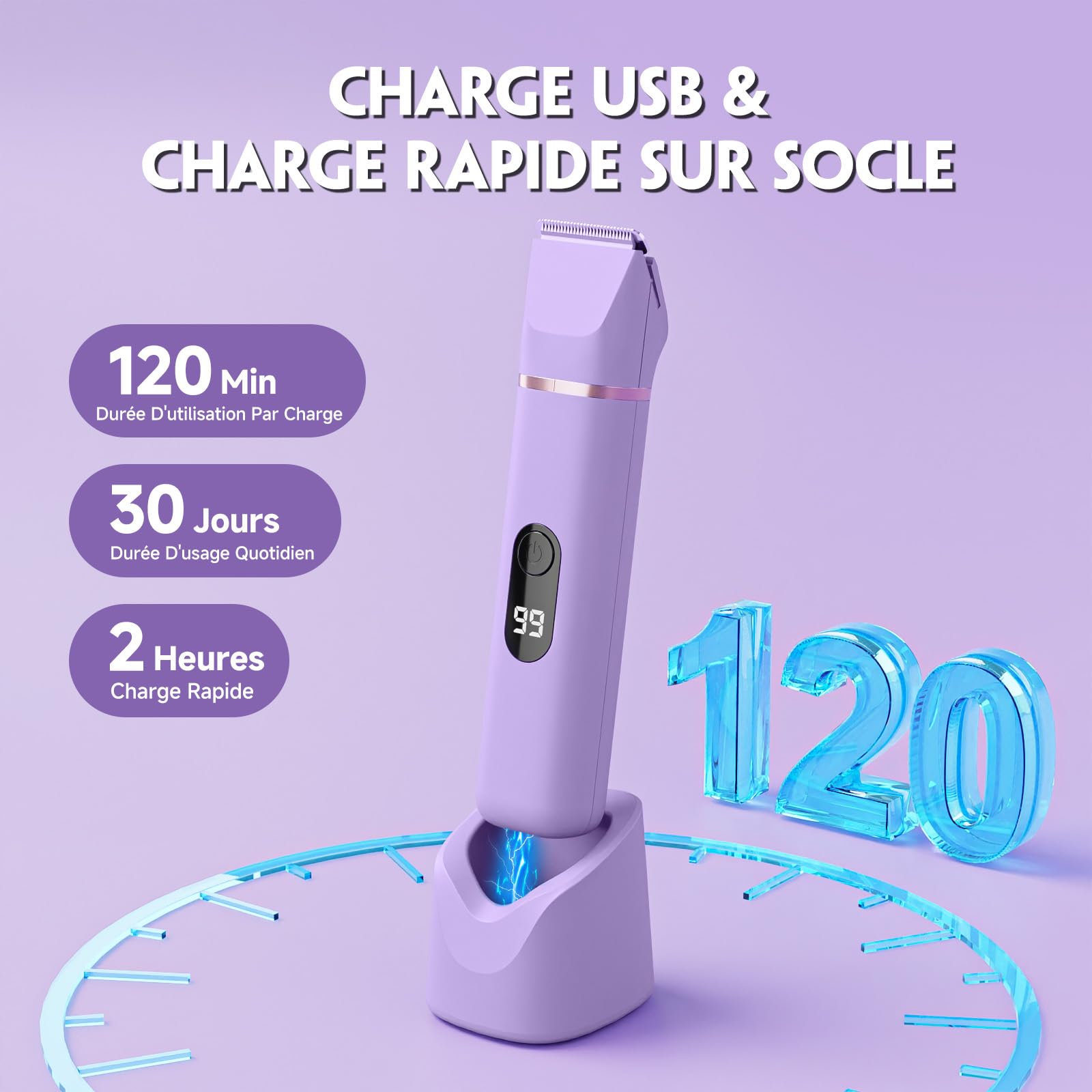 Tondeuse Femme Intime Maillot, Rasoir Électrique Femme 3-en-1, Rasoir Femme sans Douleur, Épilateur Visage et Corps Étanche avec Écran LCD pour Jambes, Bras, Aisselles