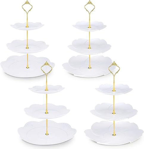 Miniatura 1 de Paquete de 4 soportes de plástico para cupcakes de 3 niveles, soporte redondo de plástico para postres, bandeja de servir reutilizable, soporte de