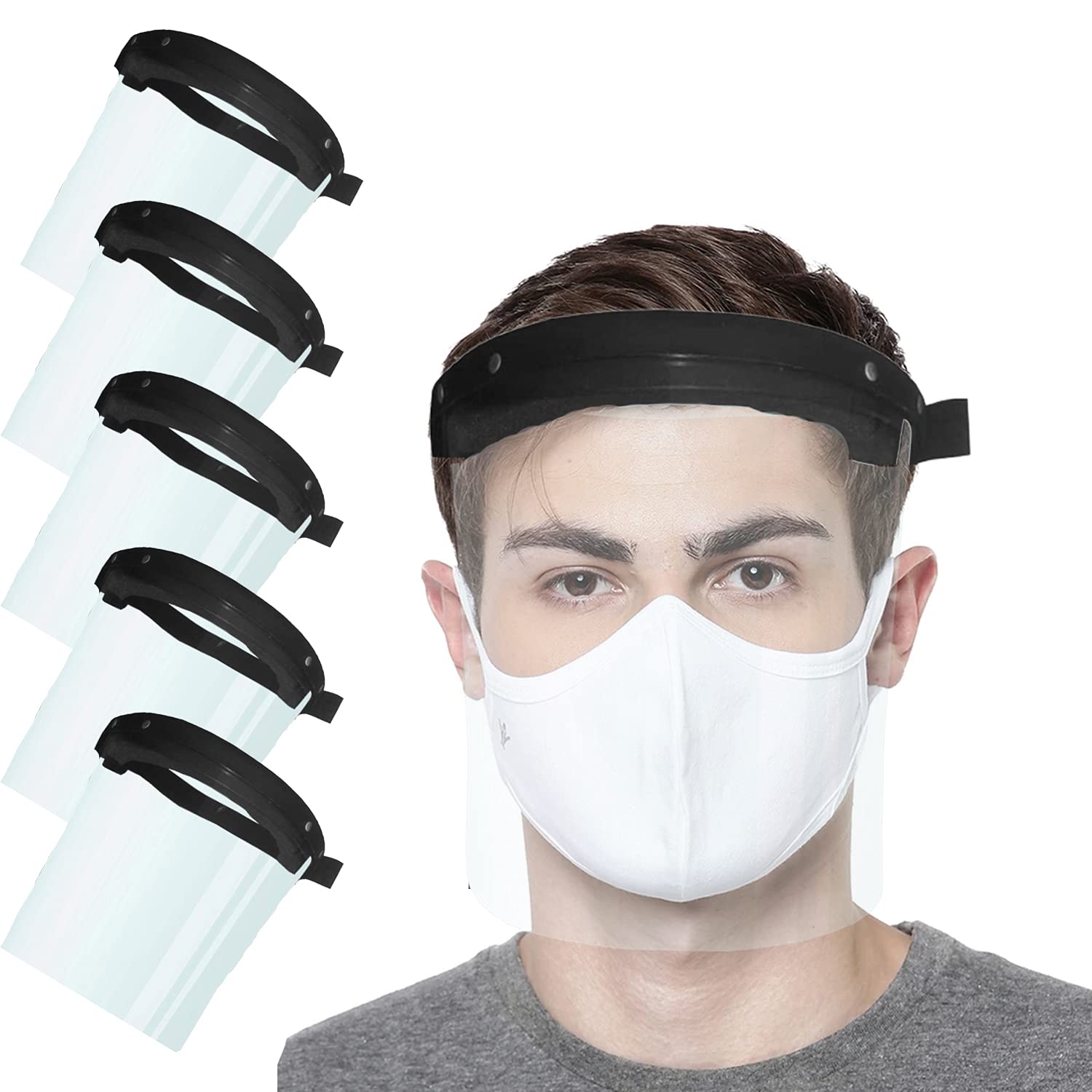 LADWA®️ 1.5mm Heavy Thickness, Unisex Face Shield Reusable with Adjustable Elastic Strap (6" Length), Anti-Splash Protective Facial Transparent Cover Full Face Visor with Eye & Head Protection (Pack of 5)-image-32