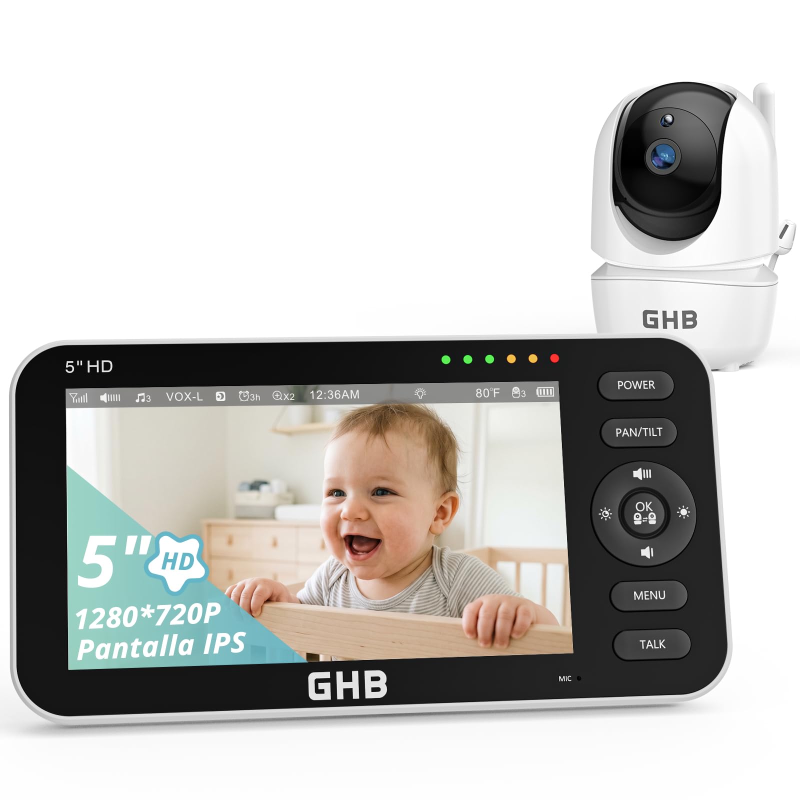 GHB Camara Vigilancia Bebe con 5" HD Pantalla Vigilabebés con Cámara, Batería de 4000mAh Soporta 4 Cámaras, Pantalla Dividida, 4×Zoom, Visión Nocturna, Comunicación Bidirecciona Escucha Bebes