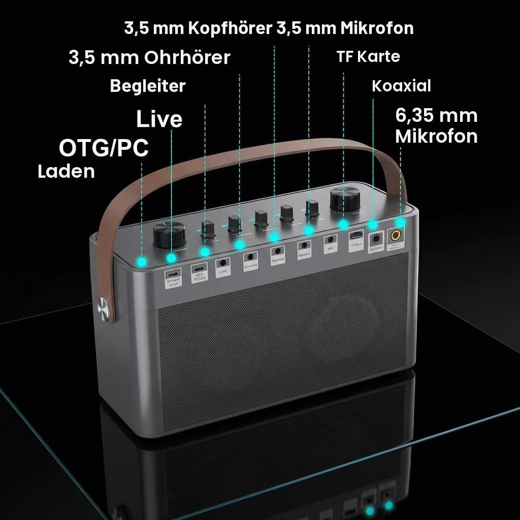 MT-VIKI Audio Mixer Bluetooth Karaoke Maschine Lautsprecher mit 2 drahtlosen Mikrofonen + Handschlaufe, LED-Lichter, TF-Karte, AUX-in für Home Party, Picknick, Auto, Outdoor/Indoor