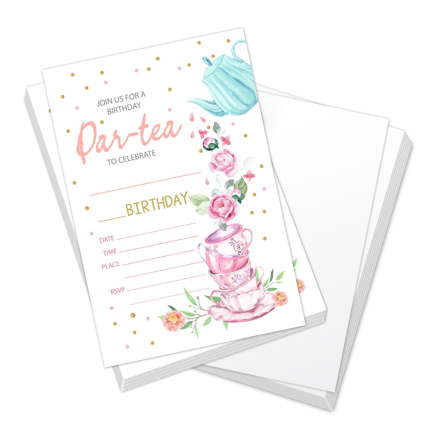 Floral Tea Party Birthday Invitations for kids, Let's Par-Tea Garden Tea Cup Party Invites Cards for Boys & Girls, Birthday Party Celebration Favor, bday Invites Supplies (20 Cards + Envelopes) - A002