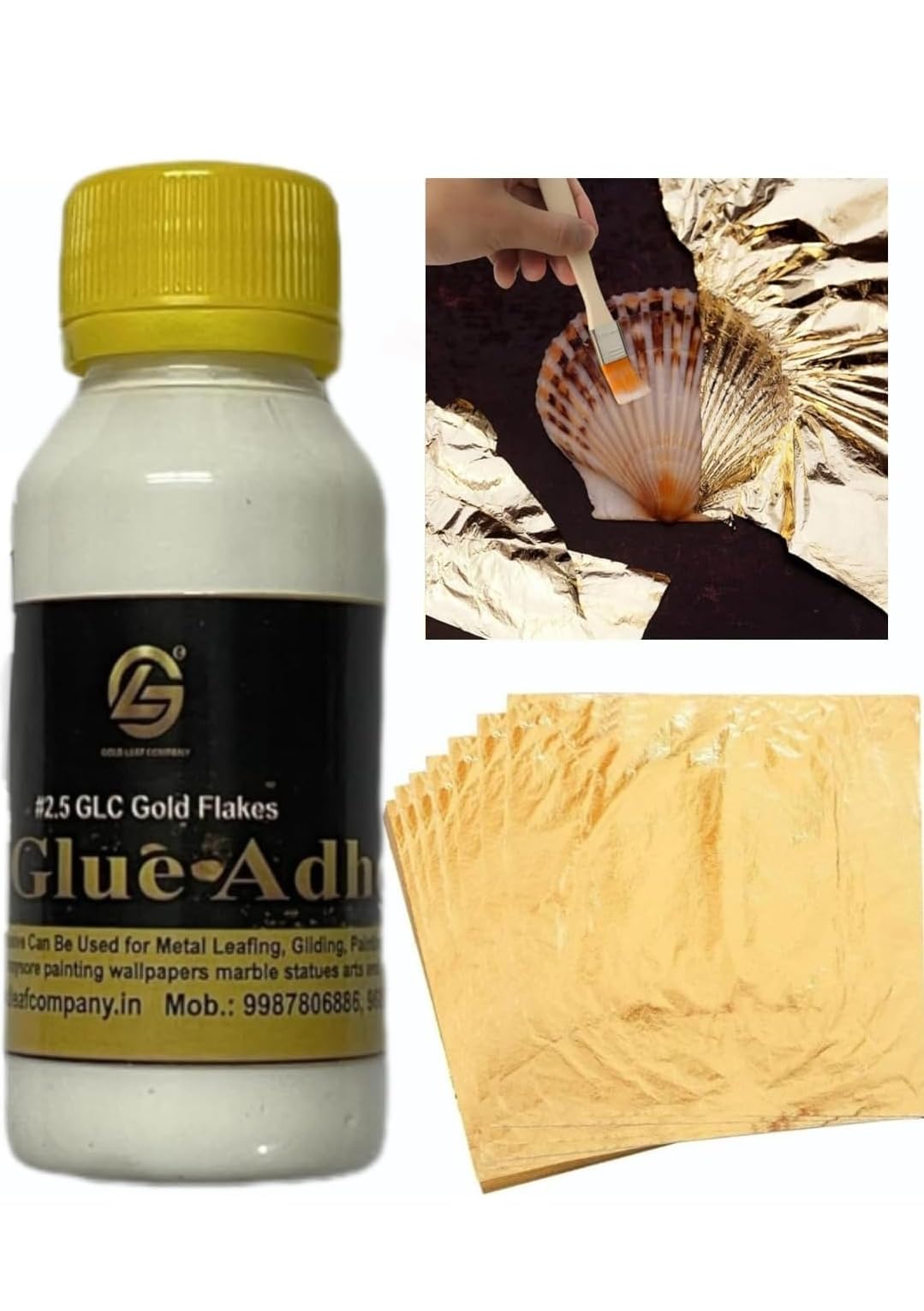 GOLD LEAF COMPANY ADHESIVE GLUE FOR GLIDDEN PAINTING 100 SHEETS+GLIDING GLUE,50 ML COMBO PACK Leafing Adhesive for Glidding painting Multipurpose used (50 ml GLUE +100 SHEETS GOLD LEAF)