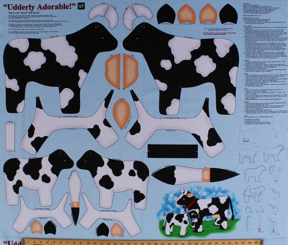 FlashPhoenix Quality Sewing Fabric – Panel Cows Calf Stuffed Animal Toys Kids 100% Cotton Fabric Panel 35 x 44
