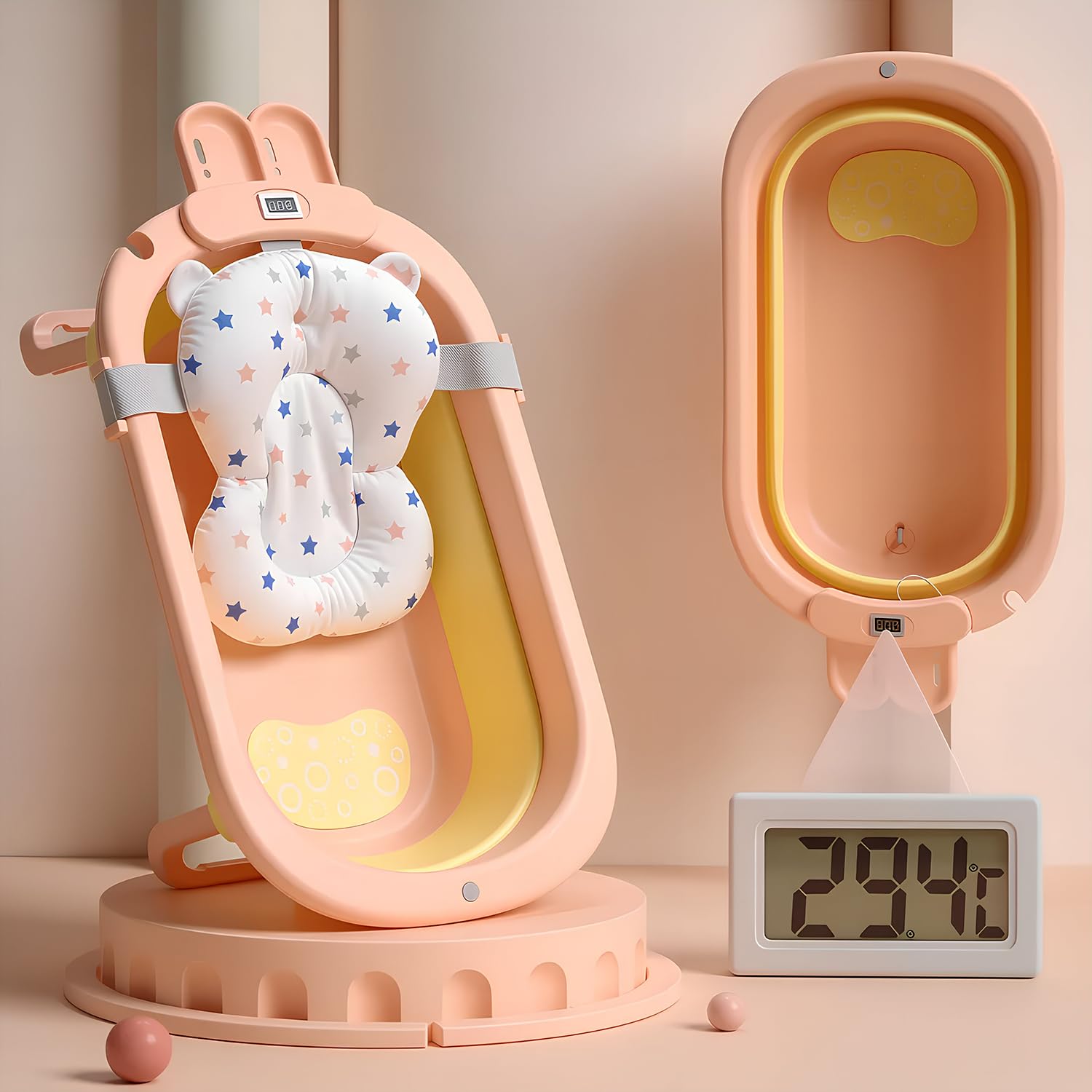 StarAndDaisy Foldable Infant Bath Tub, Collapsible Newborn Toddler Folding Bathing Support Bathtub with Cushion for 0-3 Years Kids (Baby Pink)