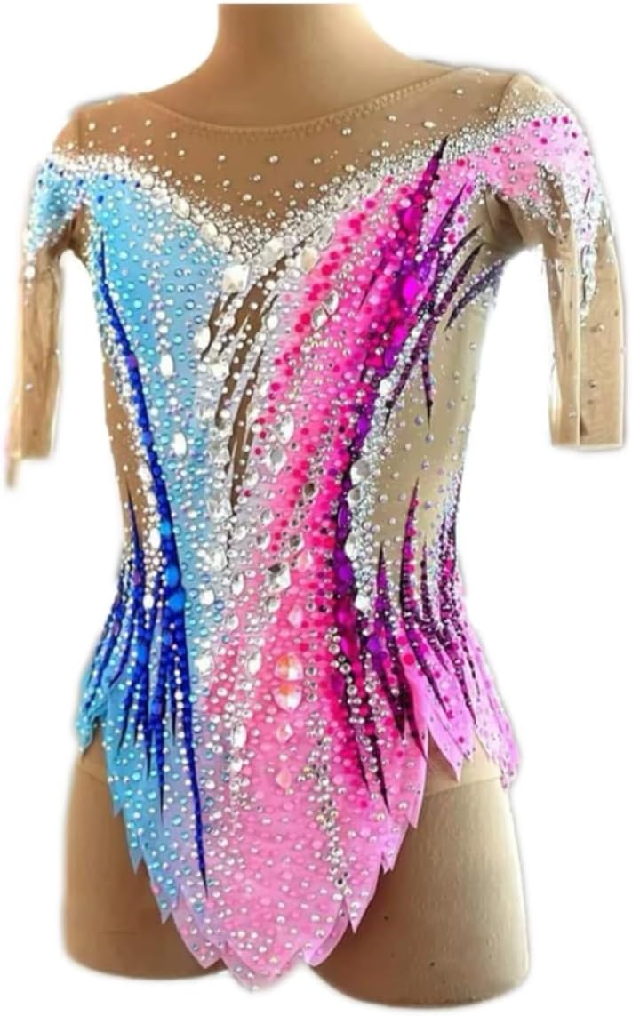 Medium Sleeve Gymnastic Leotards Ballet Dance Dress for Competition Diamond Ice Figure Skating Costumes