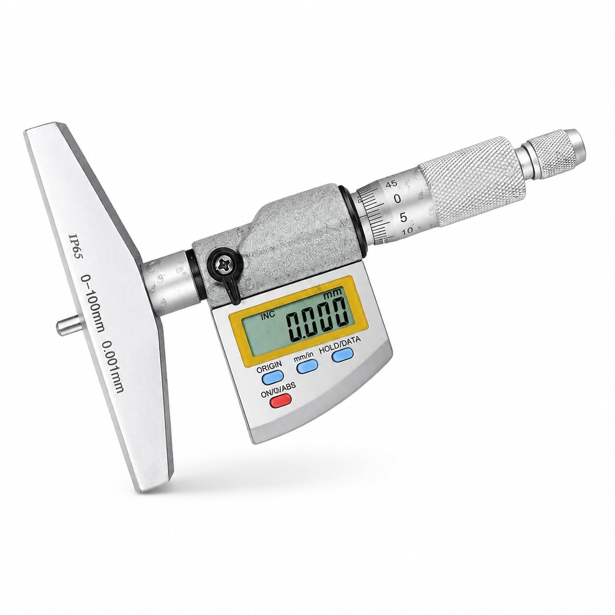 Medidor de profundidad digital IP65 con resolución de 0,001 mm y rango de medición de 0 a 100 mm.