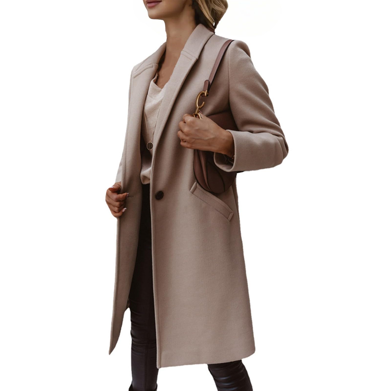 Generisch Wollmantel Damen Winter Mantel Elegant Wintermantel Lang Revers Jacke Langarm Damen-Mäntel Warm Trenchcoat Mit Knöpfen Übergangsjacken Einfarbig Winterjacke Frauen Mit Taschen Wolljacke