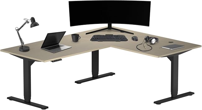 Progressive Desk Stand Up Height Adjustable Electric Standing Desk - L Shaped 72" x 60" Corner Computer Rising Workstation Table - Black Frame, Bright Beech Top