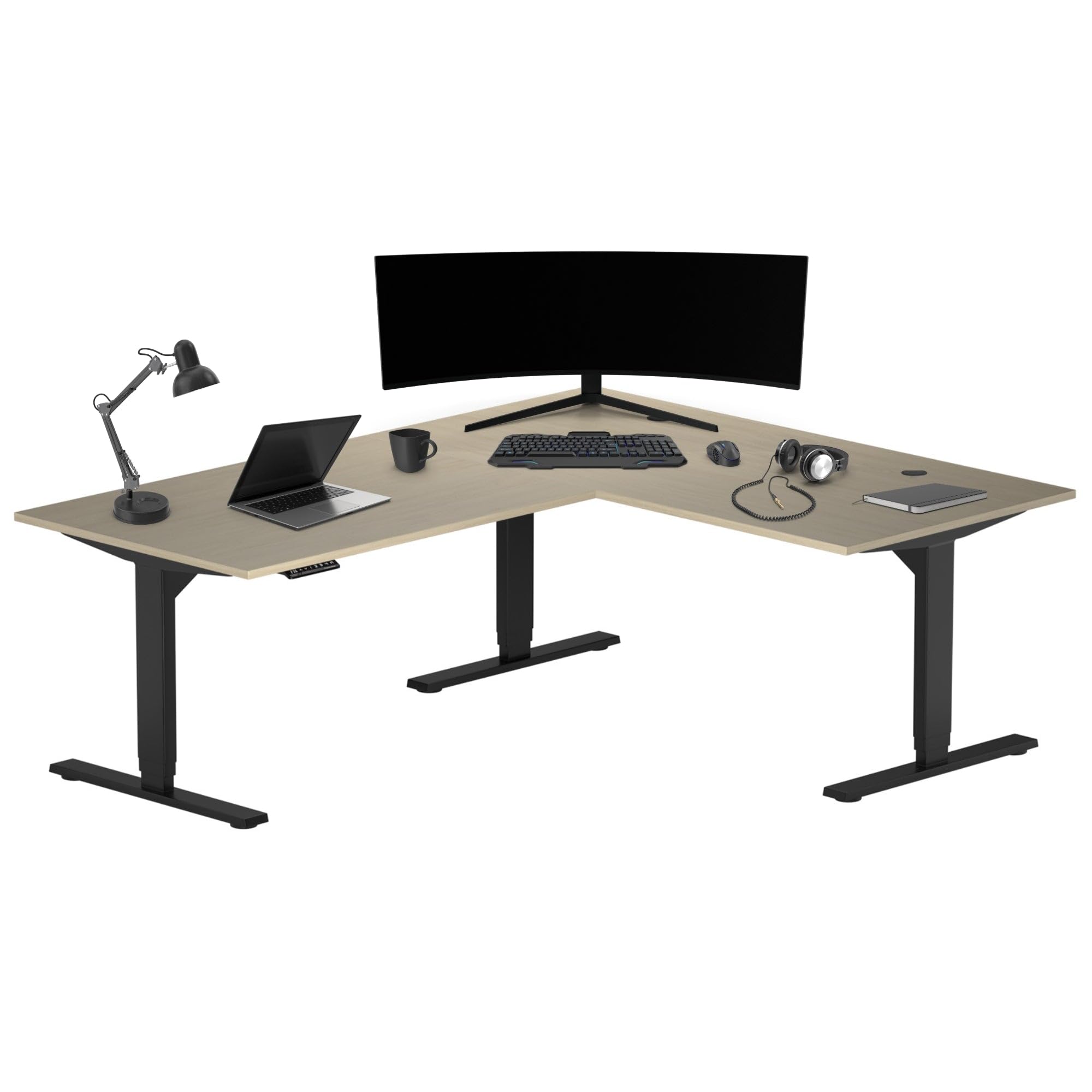 Progressive Desk Stand Up Height Adjustable Electric Standing Desk - L Shaped 72" x 60" Corner Computer Rising Workstation Table - Black Frame, Bright