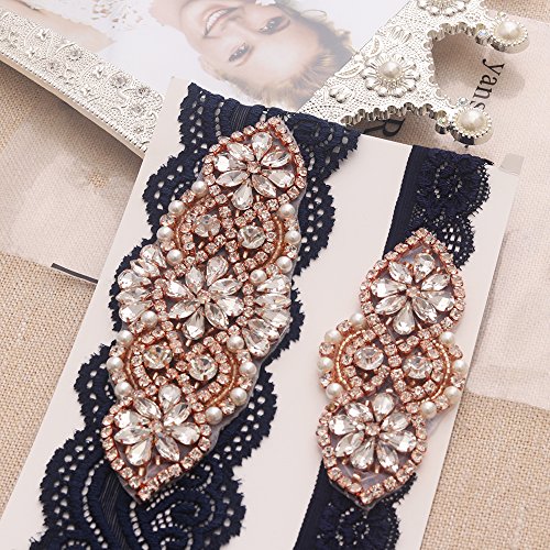 yanstar Wedding Bridal Garter Belt Navy Stretch Lace Bridal Garter Sets with Rose Gold Rhinestones for Wedding